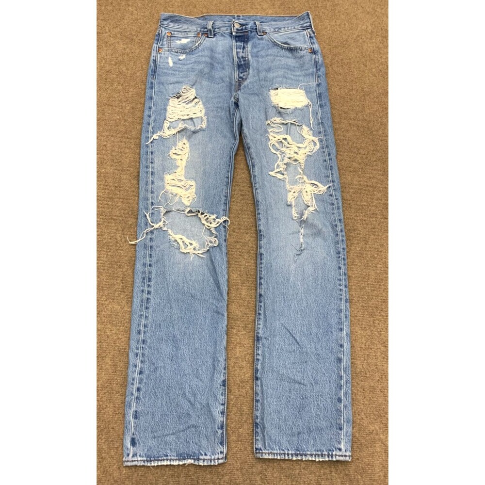Levis 501 Jeans Mens 32x34 Straight Leg Heavy Distressed Button Cowboy Denim